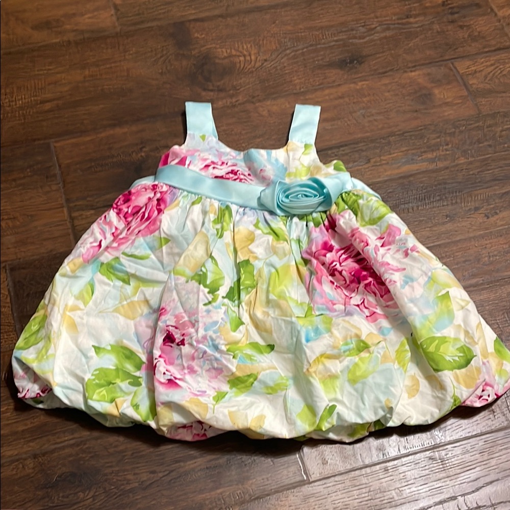 Floral Kids Dress with Blue Accents